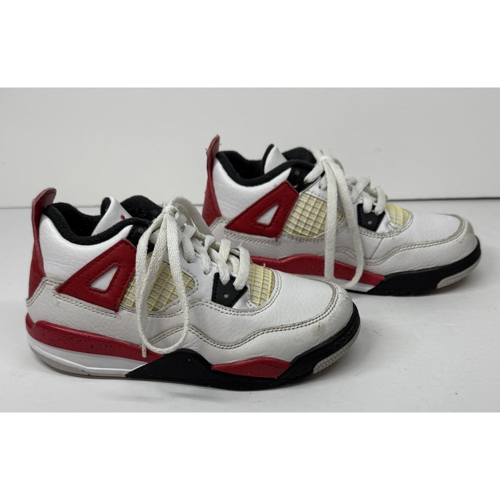 Nike Air Jordan 4 Retro Shoes Kids Size 12C White Red Black Cement BQ7669-161